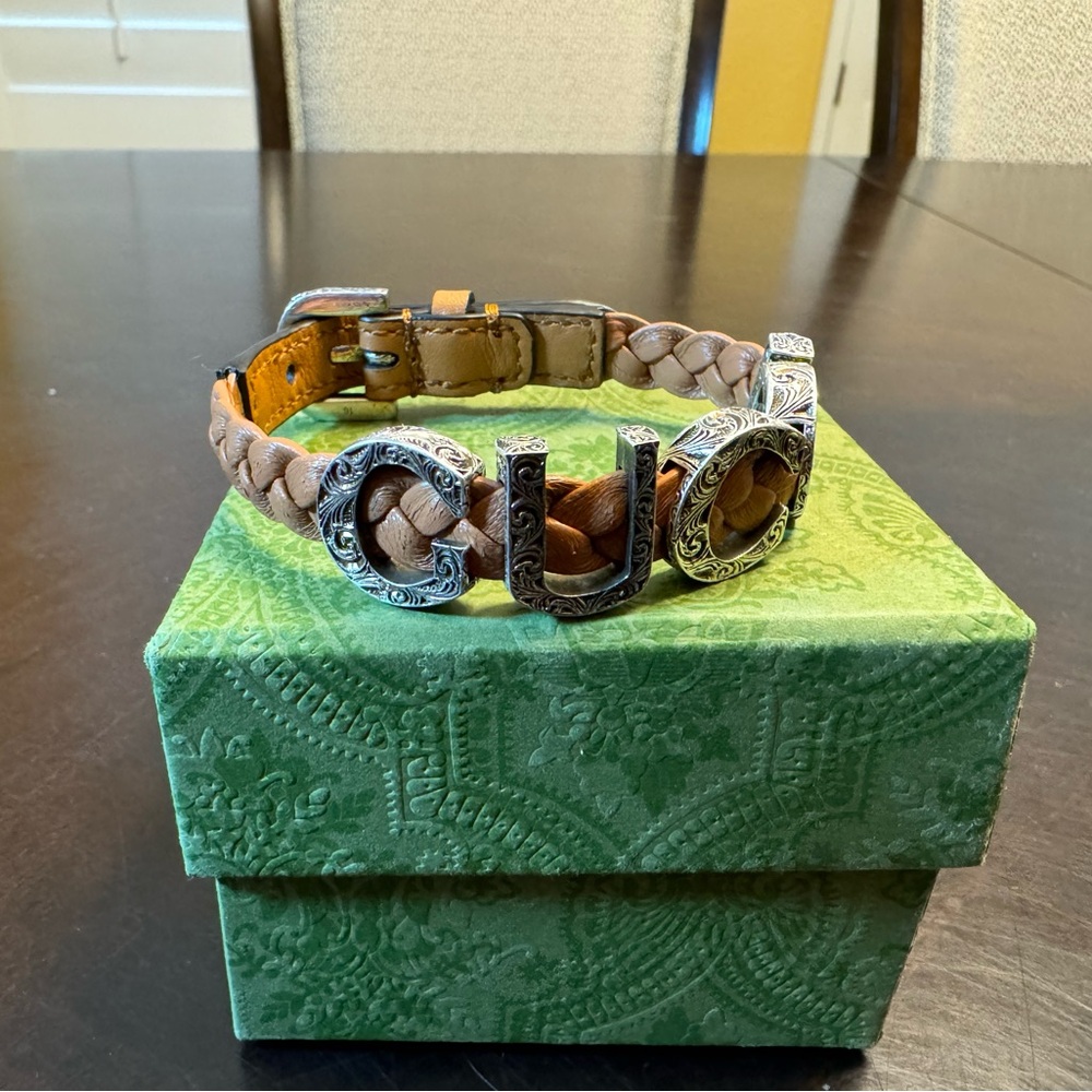 New Authentic Gucci Logo Silver Brown Leather Bracelet Size L / Wrist Up To 8” - Picture 3 of 12